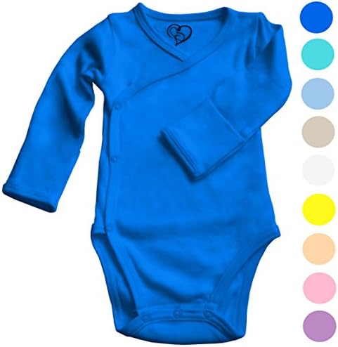 Boys Girls Baby Onesie made with Organic Cotton - Long Sleeve Kimono Style with Side Snaps Bodysuit and Gloved Sleeve - Deep Blue 3M