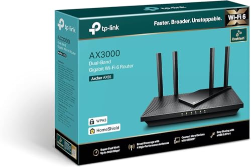TP-Link Archer AX55 AX3000Mbps WiFi 6 Router, WiFi Router, Gigabit Ports, Internet Booster, WiFi Booster, Ultra-Low Latency, 160MHZ Bandwidth, EasyMesh, WPA3, Ideal for Gaming, Compatible with Alexa