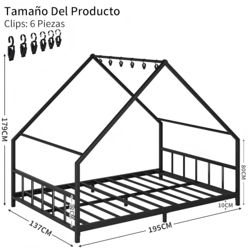 SIMPLE ESPACIO Base Cama Matrimonial,Base de Cama Matrimonial con Metal,Recamara matrimonial con Techo Triangular,Base para Cama Matrimonials con 6 Ganchos,Cabecero y Pie de Cama de Metal.(Negro)