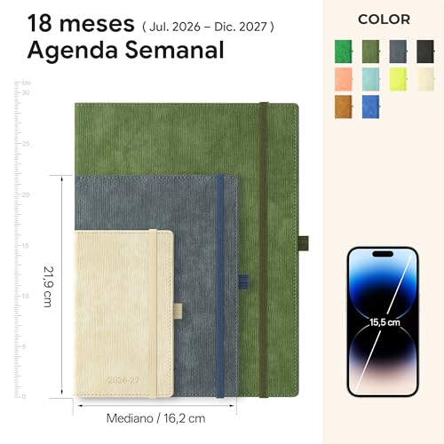 IN-LUXPRO 2026 2027 Diary Week View 21.8 x 16.2 cm, 18 Months Academic (Jul.2026-Dec.2027), Weekly Planner with Monthly Index, PU Leather Softcover, Vertical, Olive Green