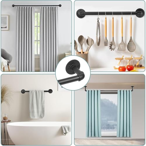 Barra de Cortina Negra, Barra Cortinas Extensible Industrial, Barra Extensible Cortina de 25 mm de Diámetro, Barra de Cortina para Montaje en Techo para Ventanas (Negro esmerilado, 48-84 pulgadas)