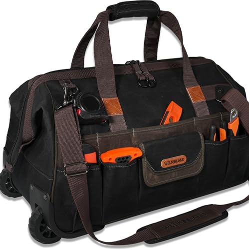 WELKINLAND 48Pockets Tool Bags With Wheels, 22Inch Rolling Tool Bag, Waxed Canvas Tools Bag Rolling Heavy Duty, Large Roll Tote For HVAC, Technician Rolling Tool Bag, Rolling Electrical Tools Bag