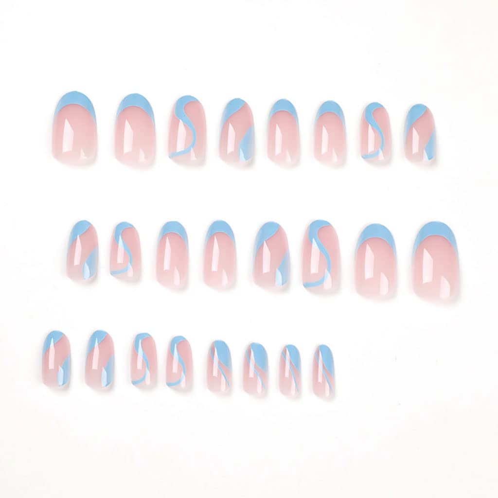 RikView French Tip Press on Nails Medium Fake Nails Blue Nails with Swirls Design Almond Acrylic Nails - Image 4