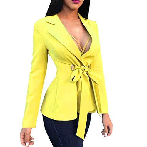 Sunward Womens Casual Work Office Open Front Bandage Blazer Jacket Yellow (XL, Yellow)