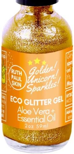 Eco Body Glitter Gel. Body Shimmer Make Up Face Eyes Hair. Glitter Face Mask. Moisturizing Organic Aloe Vera Gel in Essential Oils. Teens, Tweens, Adults. Gold Unicorn Sparkles by Ruth Paul Skin 2oz