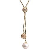 Pearl Pendant Long Necklace for Women Sweater Chain Statement Necklace Choker Adjustable Elegant Jewelry Crystal Accessories Dressy Collocation Winter Evening Party Wedding (Gold, Adjustable)