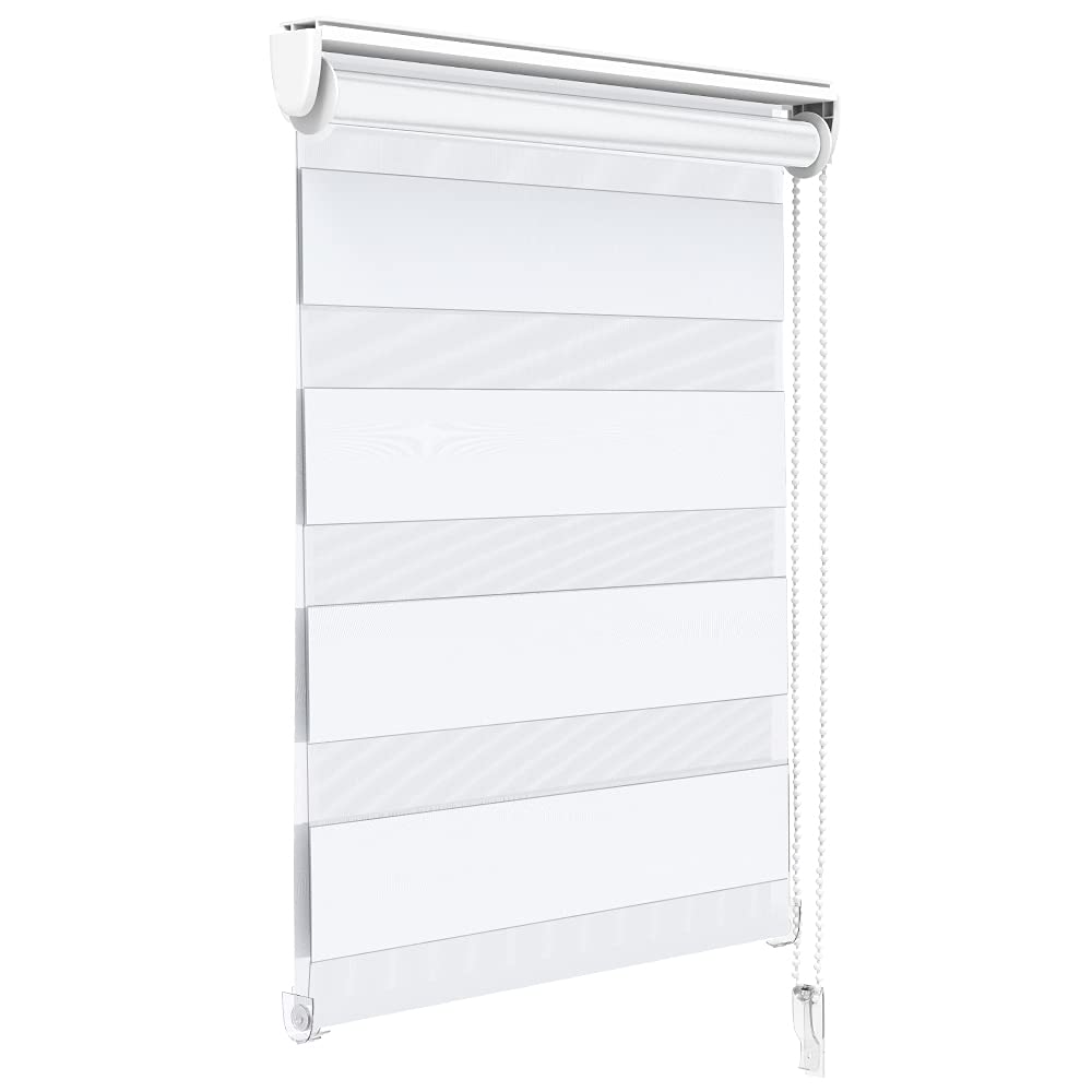 VOUNOT® Day and Night Blinds No Drill, Zebra Roller Blinds for Windows, Double Layer Translucent and Blackout Fabric, Easy Installation Window Shades, White, 45 x 150 cm