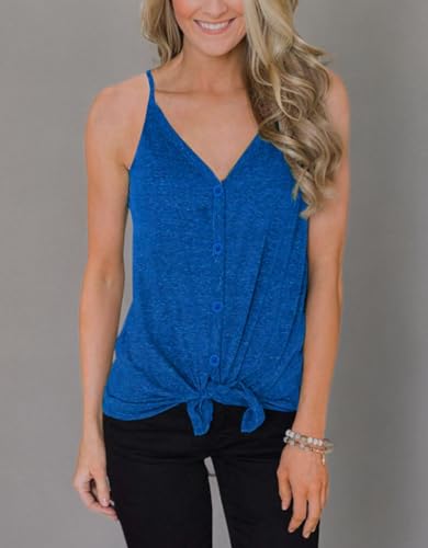 BUTTON DOWN TANK TOPS FOR WOMEN CASUAL SUMMER TOPS SLEEVELESS BASIC SHIRTS TIE FRONT STRAPPY BLOUSES BLUE