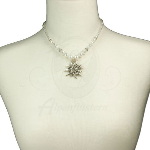 HAZMA Edelweiss Trachtenkette - Perlenkette Mit Kristallstein Für Dirndl & Lederhose
