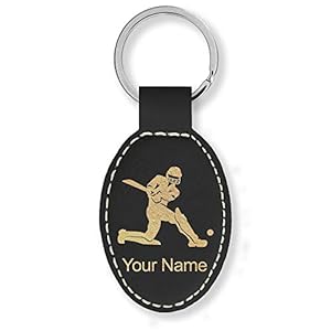 LaserGram Oval Keychain, Cricket Player, Personalized Engraving Included (Black with Gold)