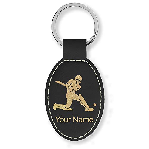 Oval Keychain, Cricket Player, Personalized Engraving Included (Black with Gold) - Thumbnail 2