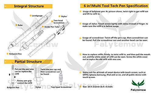 Falytemow 6 in 1 Multi Tool Tech Pen Multifunction as 0.7mm Black Ballpoint Pen Touchscreen Stylus Ruler Level Flathead and Phillips Screwdriver Cool Pen for Christmas or Valentine Gift (1pcs Blue)