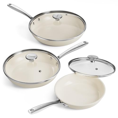 Redchef Ceramic Induction Pan Set, 6 Pieces, Non-Stick Frying Pans 20 24 28 cm with Lid for All Types of Cookers, Stainless Steel Handle, PTFE-Free, PFAS Free, PFOA-Free, Oven-Safe, Dishwasher Safe (Beige)