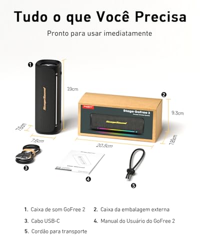 Caixa de Som Bluetooth Portátil GoFree2, Caixinha de Som Potente de 40W Máx com Graves Profundos, IP67 à Prova D'Água, 12H Bateria, Conexão USB e Bluetooth 6.0, Luzes LED para Praia, Piscina e Outdoor