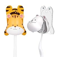 Heasa Toothbrush Holder Wall Mounted, Animal Kids Toothbrush Holder (White RABIT Yellow Tiger)