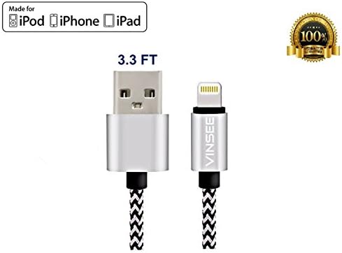 Iphone charger, VINSEE Lightning Cable Charger 3.3FT/1 Meter Long Nylon Braided Cord Charging Compatible with iPhone 7 7Plus, 6 6s 6Plus, 5S 5, iPad, iPod and more (Light Gray)