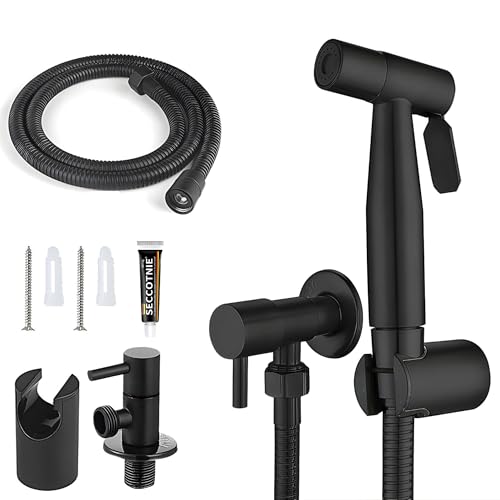 MEENOX - (Black) Handheld Portable Bathroom Shattaf with 1T-Valve - 1.5M Shower Hose - 1 wall mount Bracket - 2 Nails & Glue - Complete Set of Bidet sprayer for toilet