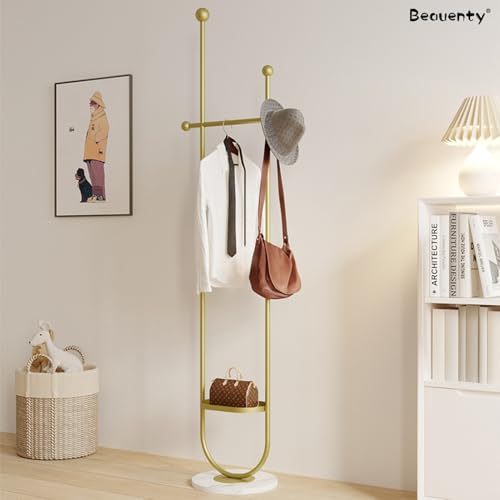 Beauenty Fashion Coat Rack, U-Shape Clothes Stand, Metal Coat Racks with Stone Slab Base, Modern Freestanding Hanger for Clothing, Bags, Hats, Entryway, Living Room, Height 1.9M (Golden)