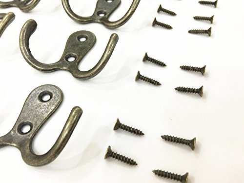 20 Pieces Double Prong Robe Hook Rustic Hooks Retro Cloth Hanger with 40 Pieces Screws, Bronze Color