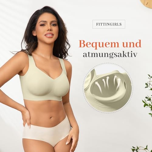 Bügelloser BH Damen Ohne Bügel, V-Ausschnitt Nahtlos Gepolstert Push Up BH mit Starkem Halt für Große Brüste Große Größen