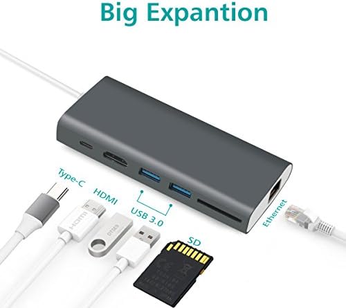 USB C Hub, TOOPONE 6-in-1 Type C Hub with 4K HDMI Port, RJ45 Gigabit Ethernet Pot, USB C Charging Port, 2 USB 3.0 Ports and SD Card Reader for Mac Book Pro and More Type C Devices (Gray)