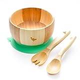 LaBoos Baby Kids Suction Bowl Spoon Fork, Infant Feeding, Baby Registry, Bamboo Bowl, Unisex. Baby Bowl Set + Baby Spoons Set. FDA Approved BPA Free, Stay Put Suction bowl,Green
