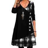 Akivide Women's Fall Winter Plaid Dress Holiday Casual Loose Long Sleeve V Neck Swing Knee Length Dress