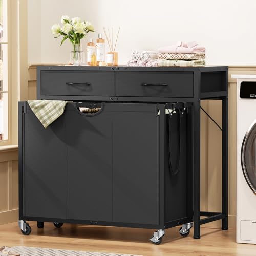 FIONESO Rolling Laundry Basket with 3 Section Pull-Out Bags, Laundry Hamper with 2 Drawers, 2-Tone Top Panel Laundry Sorter, Laundry Basket Organizer with Wheels, Laundry Room, Bathroom, Black
