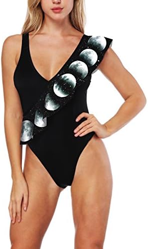 Gutai Lace Womens Monokini Swimsuits Sexy Black Low Back Moon Print One Piece Bathing Suits