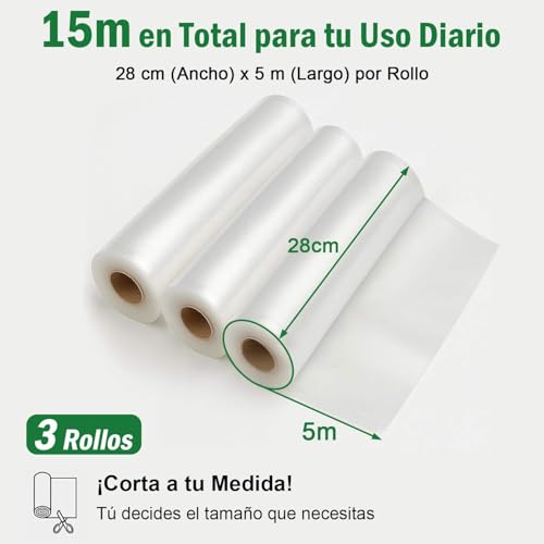 WONDOCK Bolsas para Sellado al Vacío Alimentos 28cm x 5m Corte Libre 3 Rollos Heavy Duty Bolsas Envasar al Vacio Compatible con Todas las Selladoras Sin BPA para Congelar y Cocinar Sous Vide