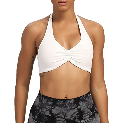 Sexy V-neck Sport Bra Women Underwear Sportswear Halter Backless Top for Fitness Yoga Wear Female Gym Active Bra with Cups White