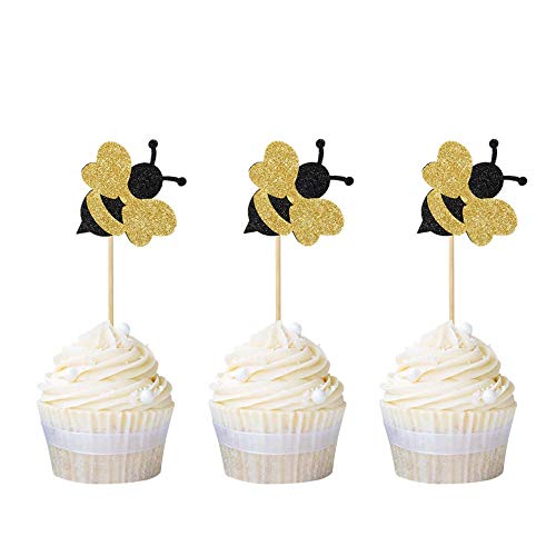 iMagitek 36 Pack Glitter Bumble Bee Cupcake Toppers for Gender Reveal Baby Shower Party Decorations Birthday Party Supplies - Thumbnail 4