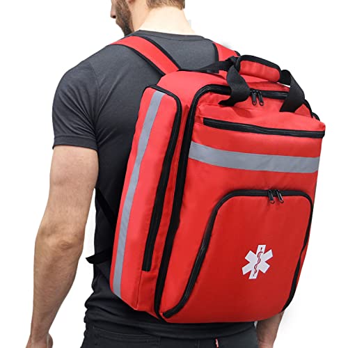 3DTengkit Emergency Medical Backpack Empty First Aid Bag with Reflective, Large Capacity Medical Backpack (Bag Only) (Red)