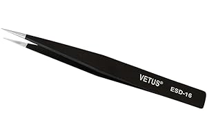 VETUS ESD Anti-static SMD Tweezer Non-magnetic Stainless Steel Pointed Tip for Repair PC Laptop Black ESD-16