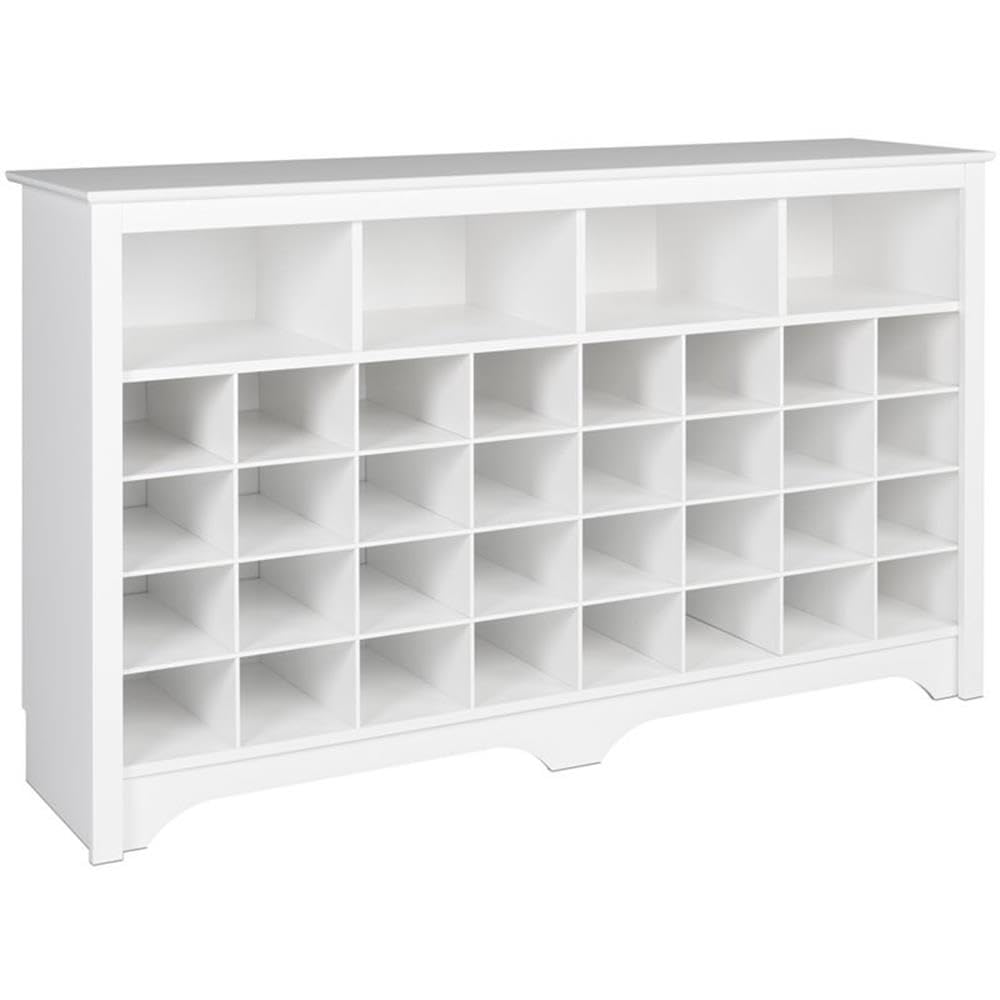 Photo 1 of ***HARDWARE MISSING***Prepac White Console Table, Shoe Cabinet, Storage Cabinet with 32 Shoe Cubbies and 4 Large Storage Cubbies 15.5" D x 60" W x 35" H