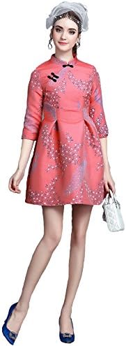 ZNFQC Women Flower Stand Collar Button Qipao Dress Girl Bubble Skirt (XL)