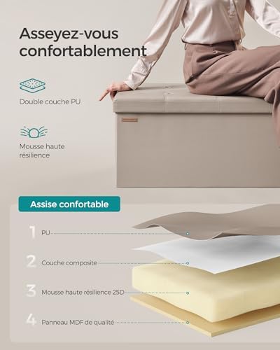 Banc, Pouf Pliable, 38 x 110 x 38 cm, Bout de Lit, Repose-Pieds, Coffre de Rangement, Charge jusqu'à 300 kg, pour Salon, Chambre, Entrée, Marron Camel LSF070K03, 110x38x38cm