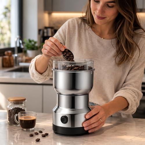 Moedor de Café Elétrico 110V Multifuncional | Moedor de Grãos, Temperos e Sementes | Triturador Rápido e Compacto | Fácil de Usar e Limpar