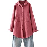 Minibee Women's Linen Shirts Button Down Long Tunic Tops Plus Size Blouse with Pockets