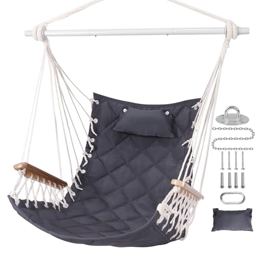 Hammock Chair Hanging Swing with Wooden Armrest;Steel Spreader Bar,Pillows,Hardware kit Included;Cotton Woven