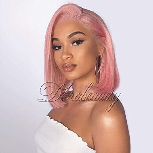 Dorabeauty Pink Short Bob Wigs Natural Straight Wigs for Black Women 130% Density Pre-plucked Lace Front Wigs Human Hair with Natural Hairline (10, Pink)