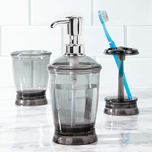 mDesign Bath Accessory Set, Soap Dispenser Pump, Toothbrush Holder, Tumbler, Soap Dish - 4 Pieces, Smoke Gray