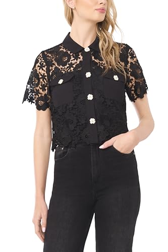 CeCe Patch Pocket Button Down LACE TOP Rich Black