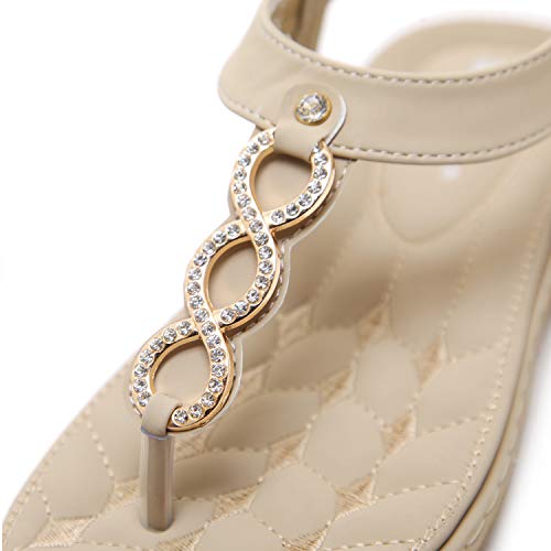 DolphinBanana Women's Glitter Rhinestone T Strap Summer Simple Blingbling Gold Rings Flat Thong Sandals, Beige Flip Flops Shiny Gem Shoes for Dressy Casual Jeans Daily Wear and Beach Vacation - Thumbnail 3