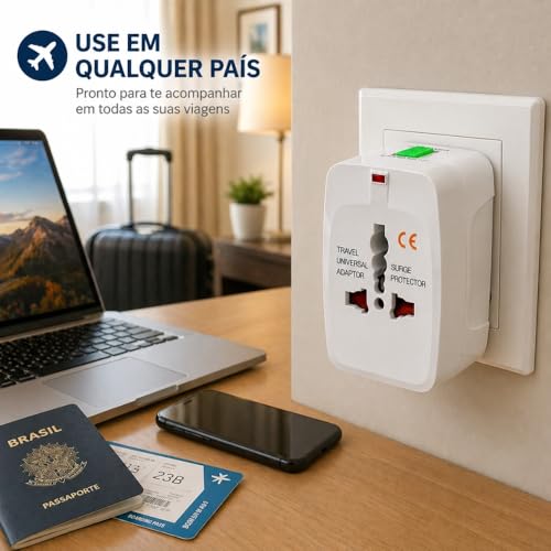 Adaptador de Tomada Universal Internacional - Padrão Mundial para Europa, EUA, UK e Japão - Bivolt com Trava de Segurança