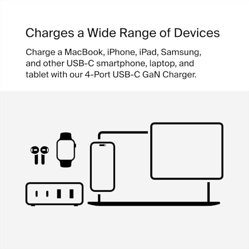 Belkin 4-Port Charger Block 108W - GaN Charger, Multi-Port w/ USB-C PD Fast Charge & USB-A Ports for Apple MacBook, iPhone 16, Samsung Galaxy S25, Google Pixel, Nintendo Switch 2 & More - White