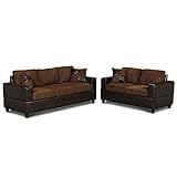 5 Piece Microfiber and Faux Leather Sofa and Love Seat Living Room Furniture Set, Tan and Brown (Brown)