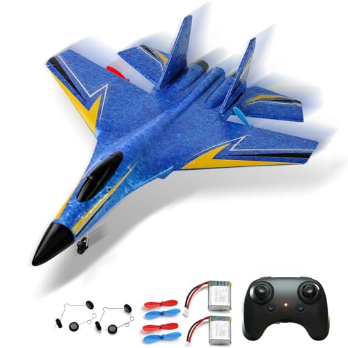 Uniiking® Remote Control Airplane for Kids, 2 Channels Foam Rc Planes Wireless Toy, Cool Light,Hobby Rc Glider Aircraft Gifts for Beginners Teen Boys Girls Adult (Blue+2PCS Battery)