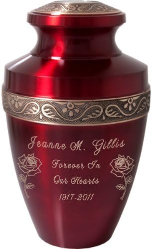 Custom Engravable Scarlet Brass Cremation Urn (11", Engraved with Roses)