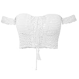 Creabygirls Womens Cute Off The Shoulder Crochet Lace Up Crop Top (US4-6, White)